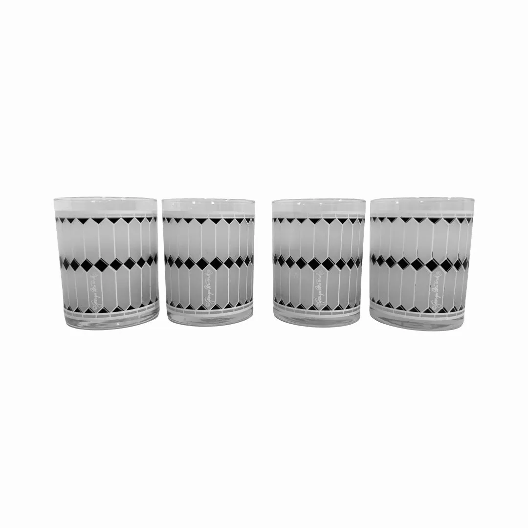 Georges Briard Signed Mid-Century Black and White Geometric Double Old Fashion Glasses (Set of 4)