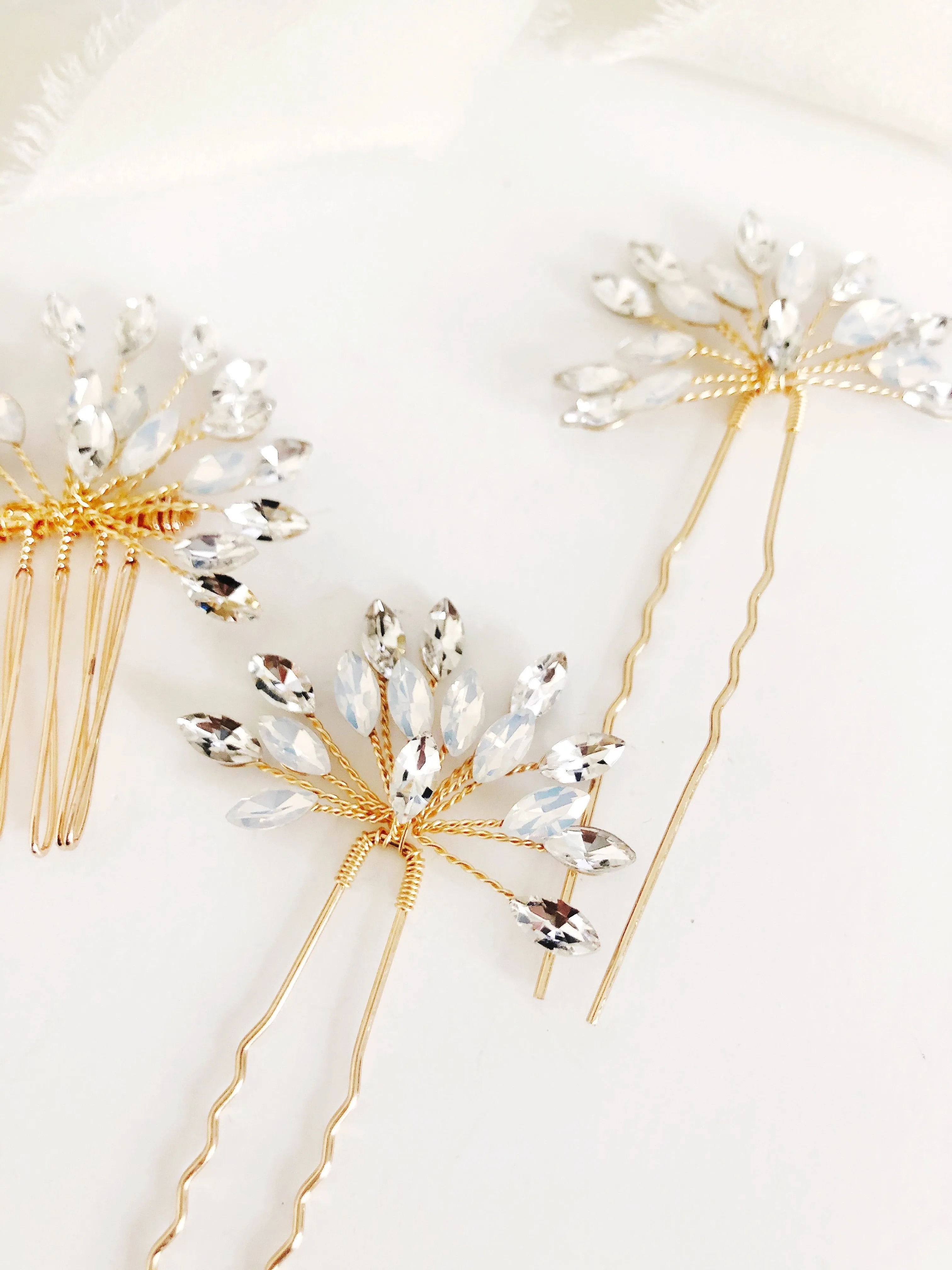 Gold Opal & Rhinestone hair pins