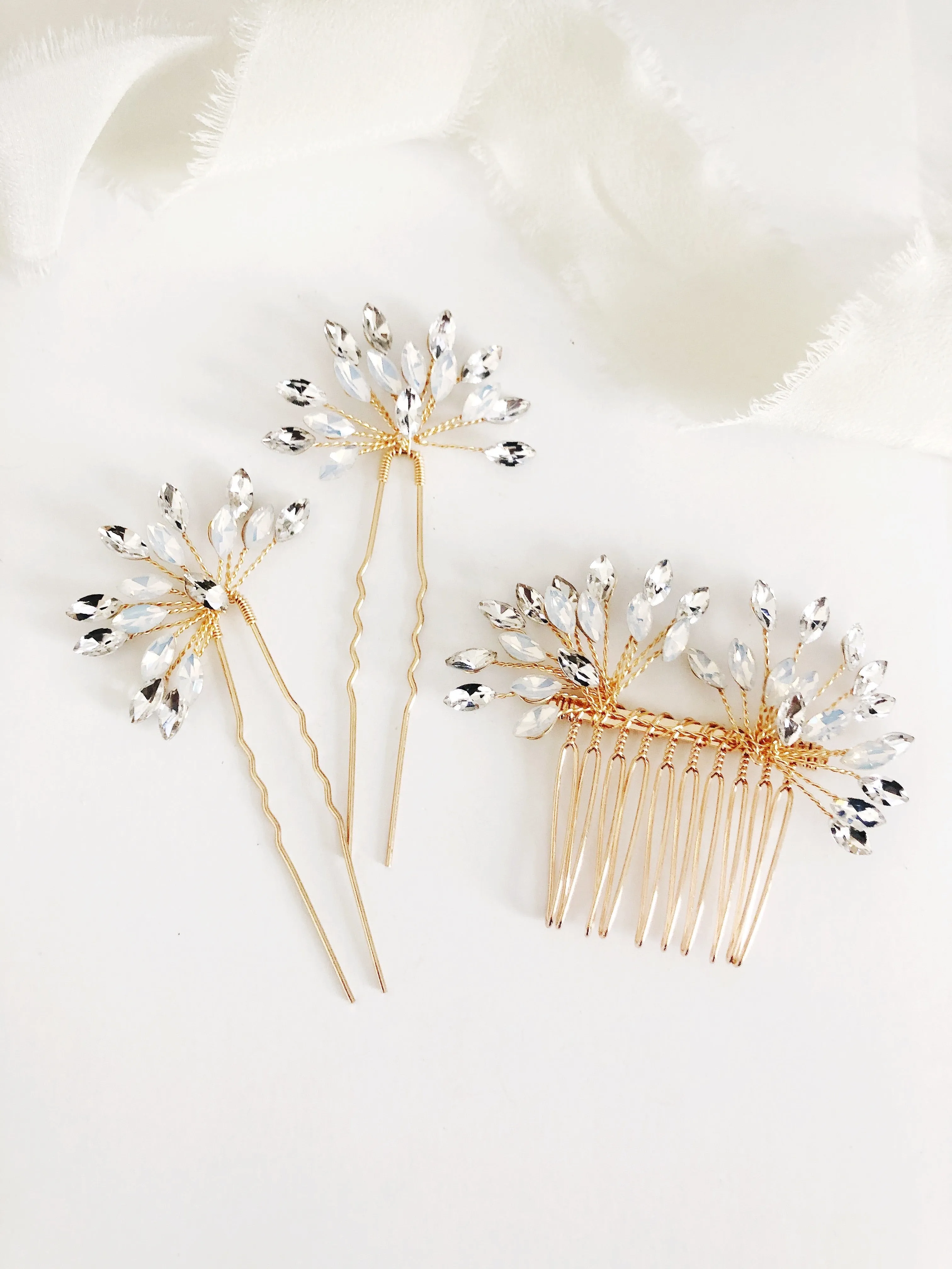 Gold Opal & Rhinestone hair pins