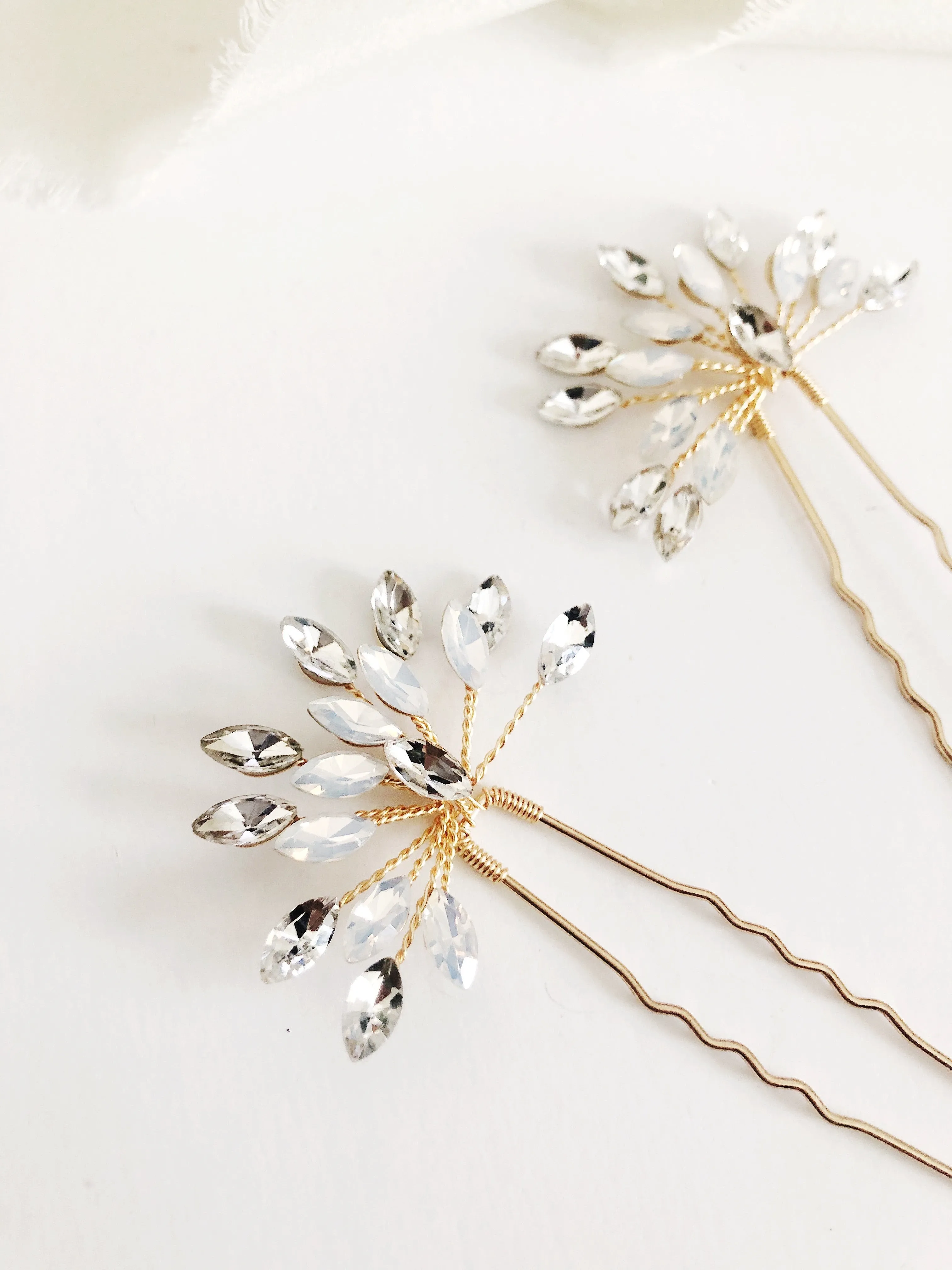 Gold Opal & Rhinestone hair pins