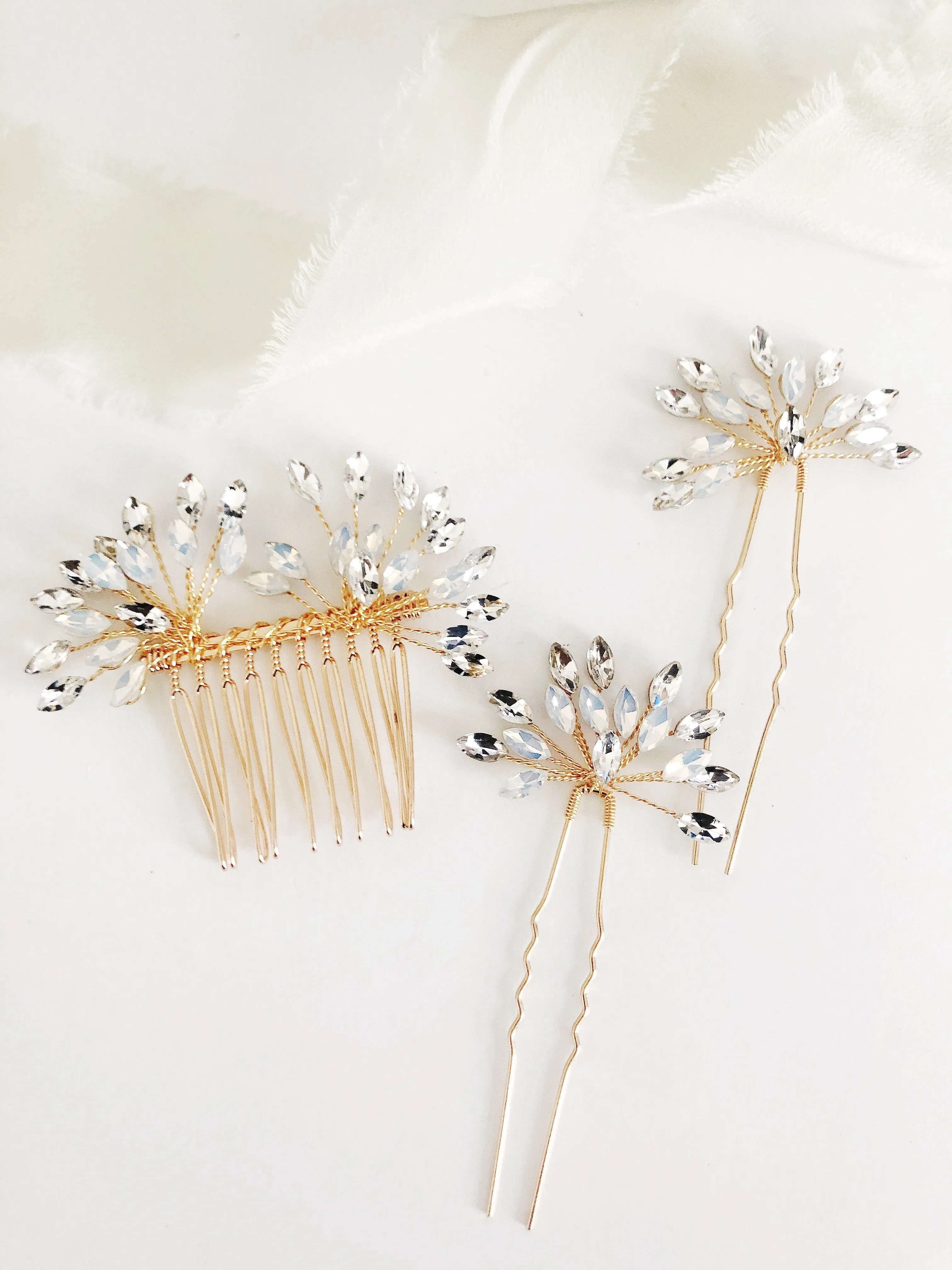 Gold Opal & Rhinestone hair pins