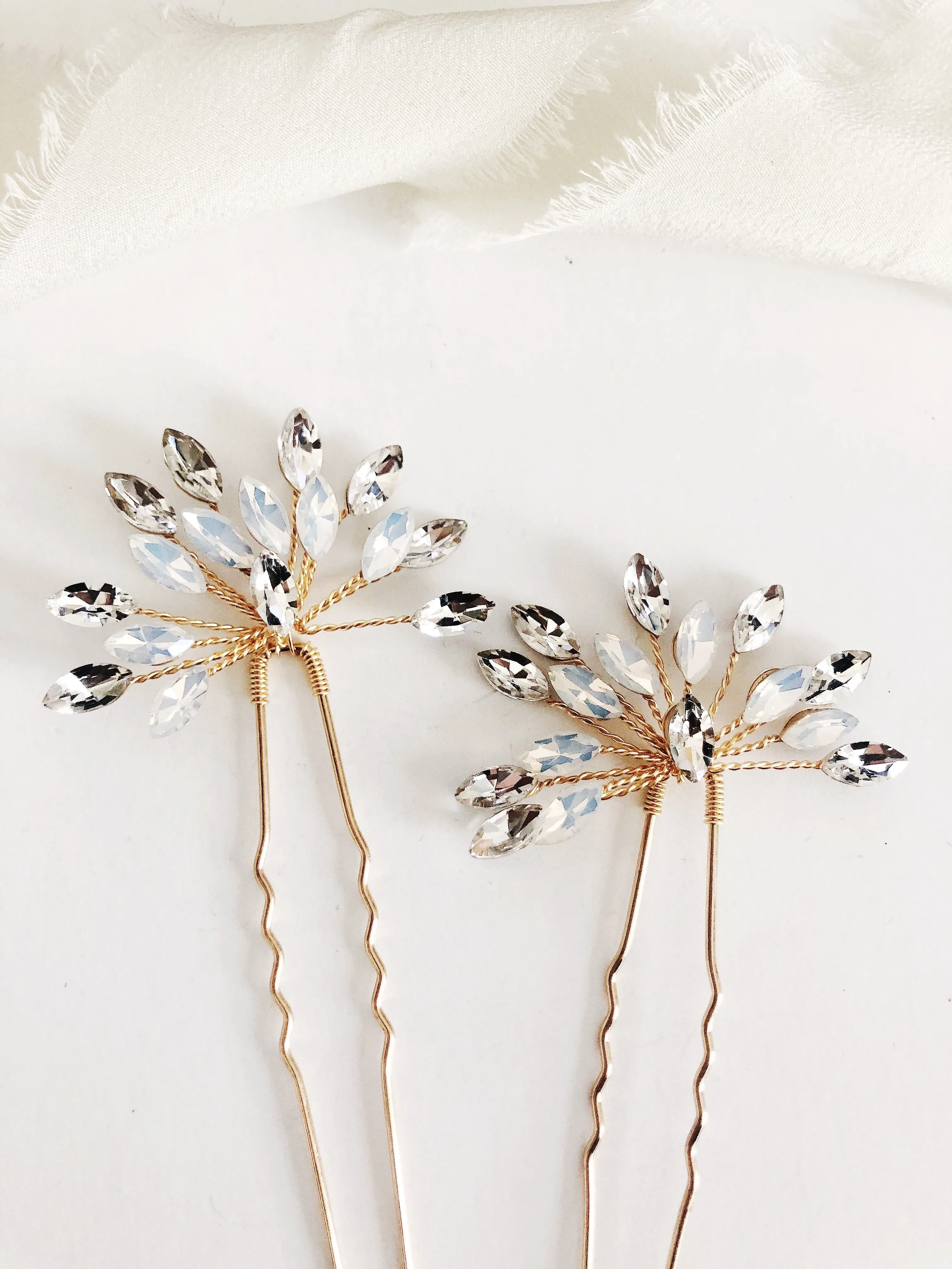 Gold Opal & Rhinestone hair pins