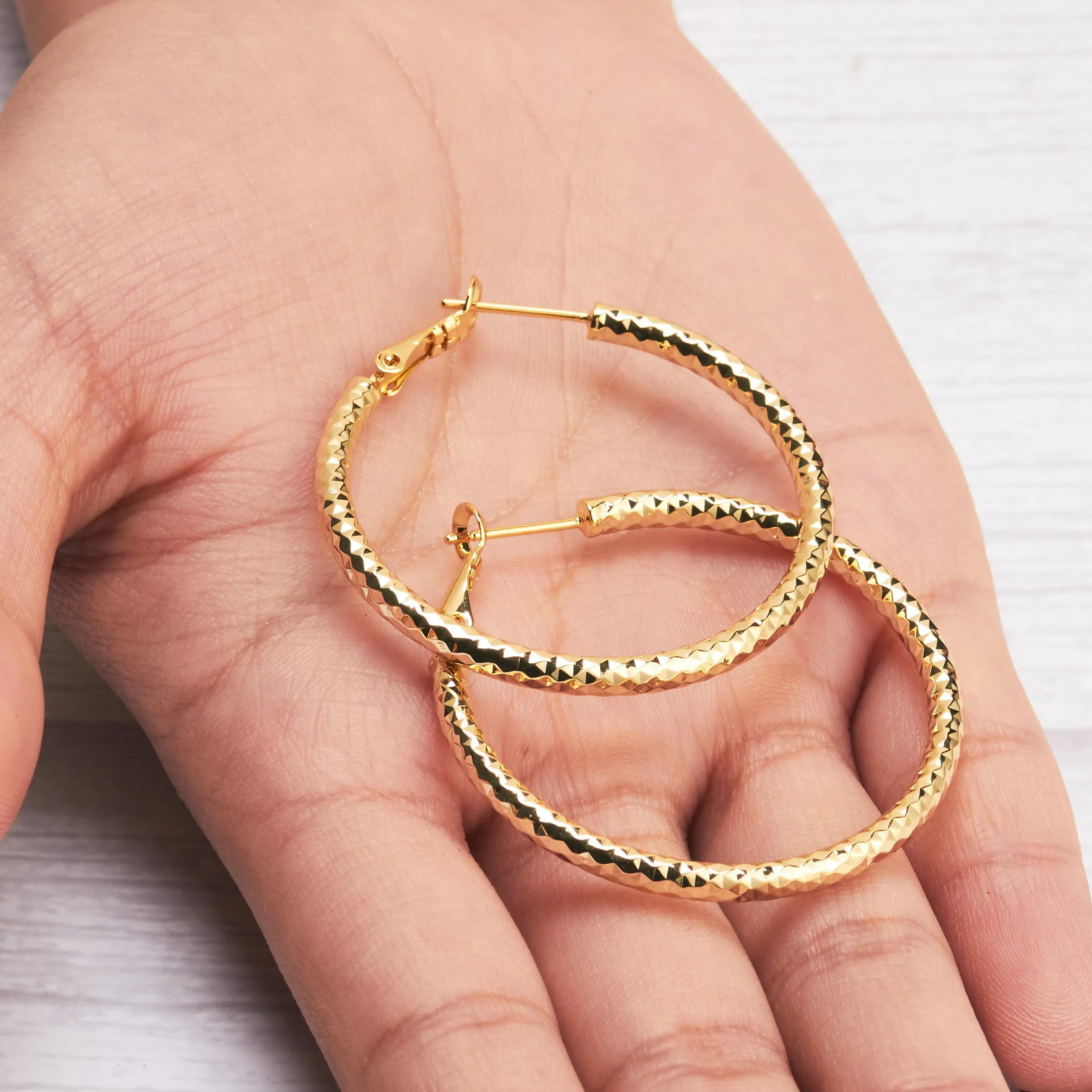 Gold Plated 40mm Diamond Cut Hoop Earrings