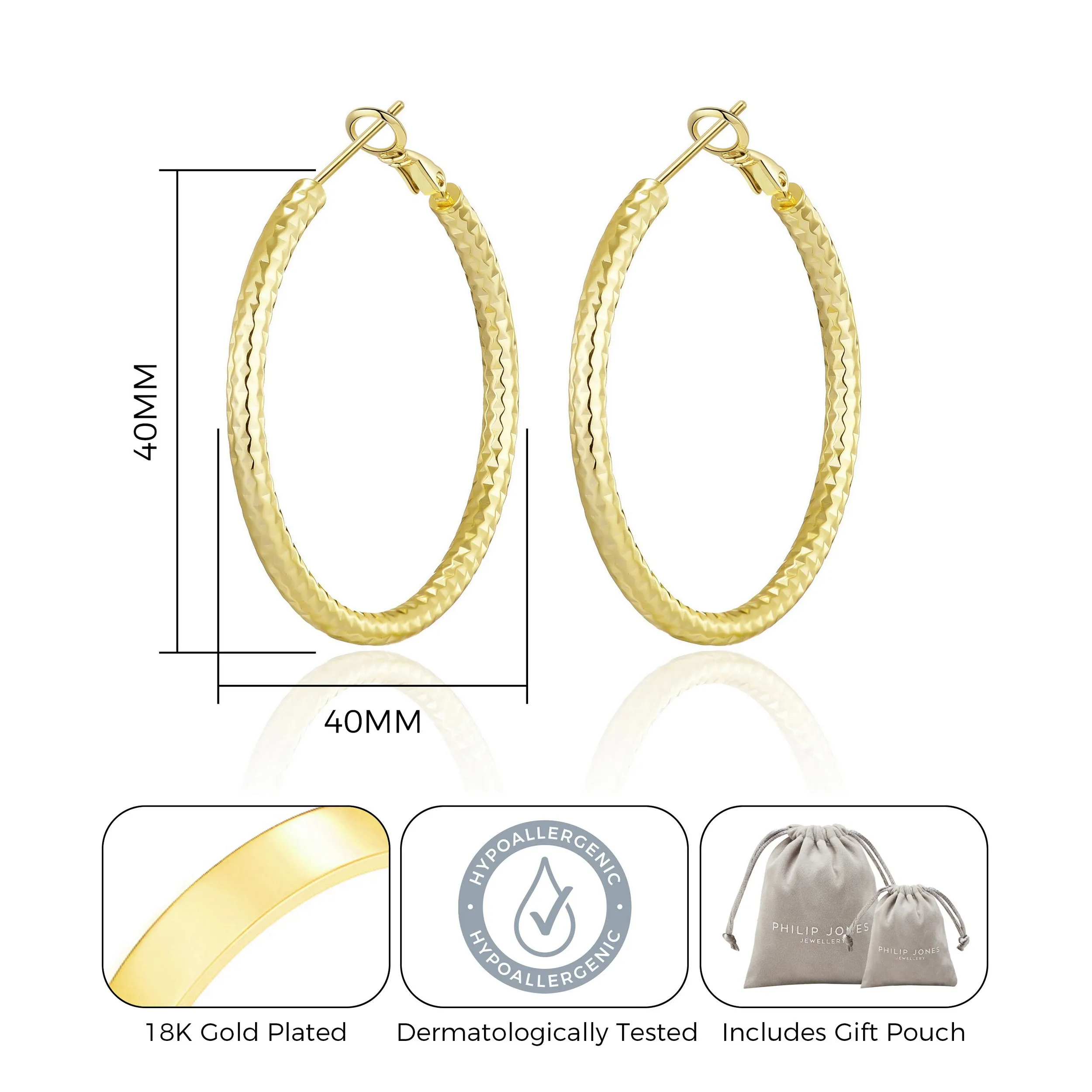 Gold Plated 40mm Diamond Cut Hoop Earrings