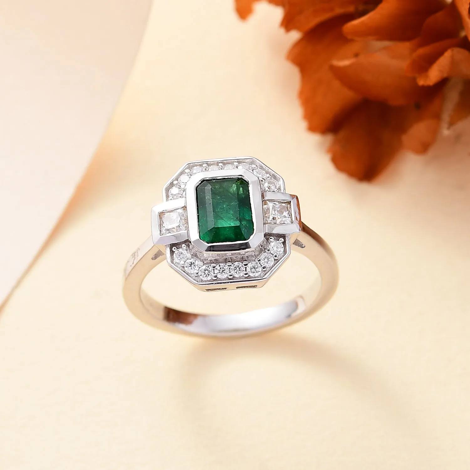 Grecian Octagon Emerald Halo Ring