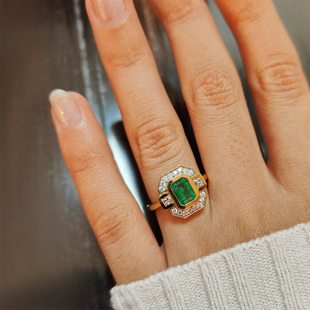 Grecian Octagon Emerald Halo Ring