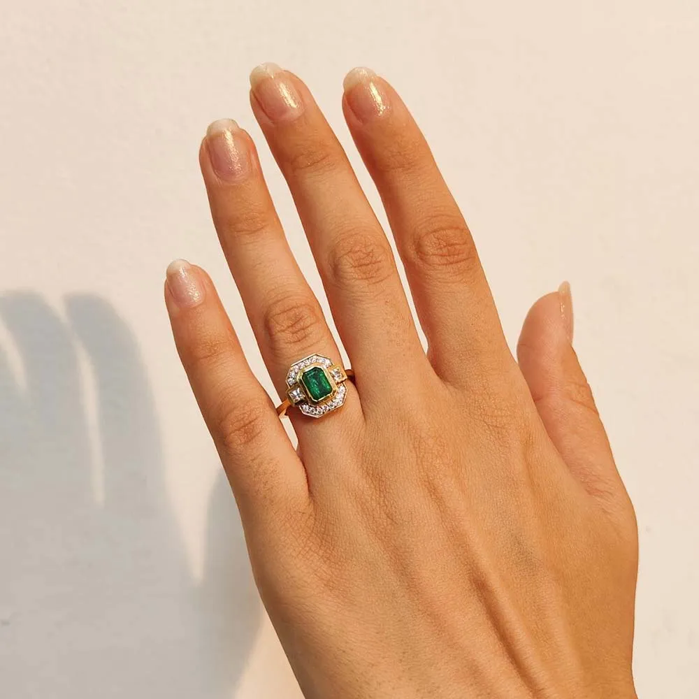 Grecian Octagon Emerald Halo Ring