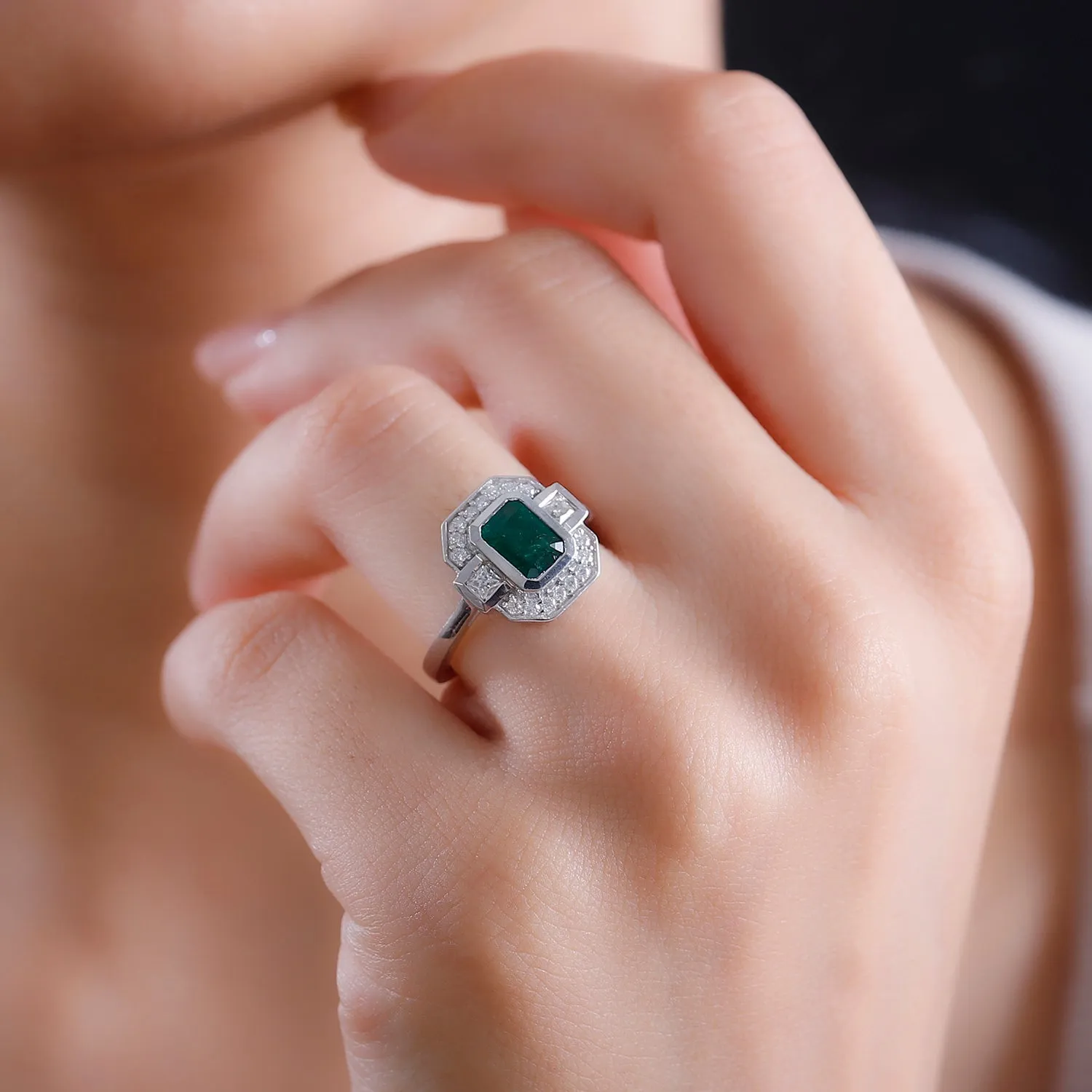 Grecian Octagon Emerald Halo Ring