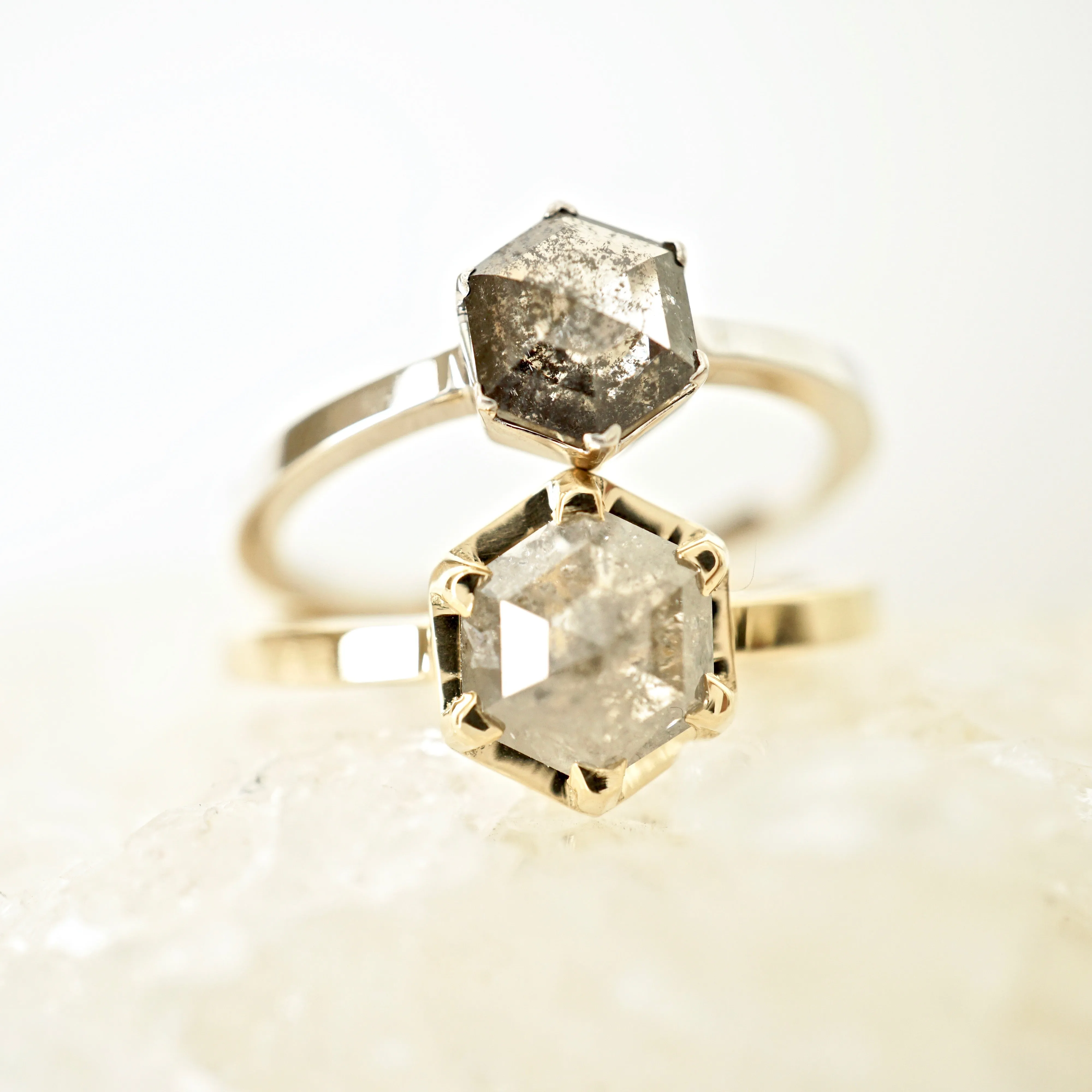 Grey Hexagon Rose cut Diamond Engagement Ring - Geometric Diamond Ring