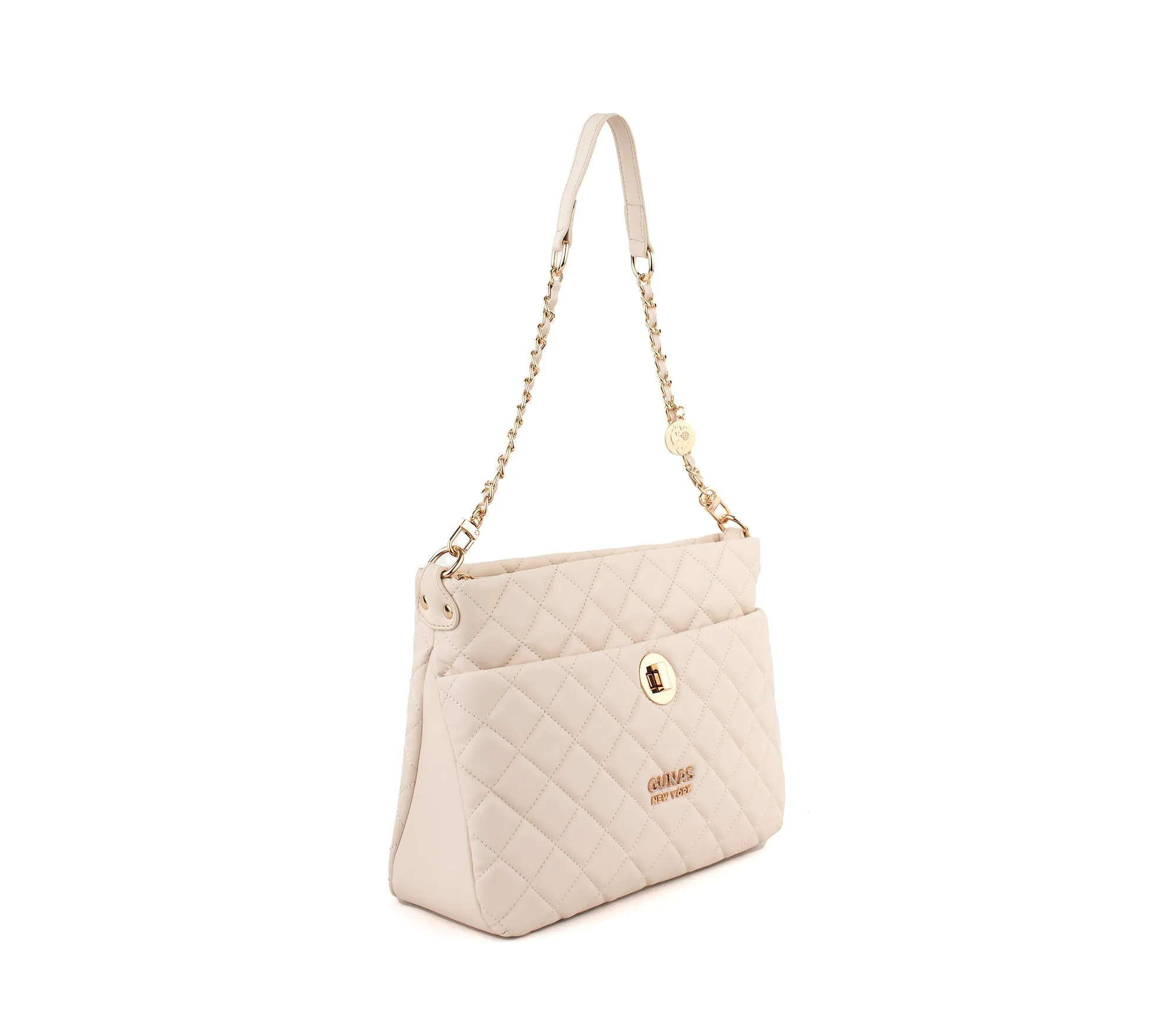 Gunas New York Koi Off White Quilted Vegan Leather Shoulder Bag Purse