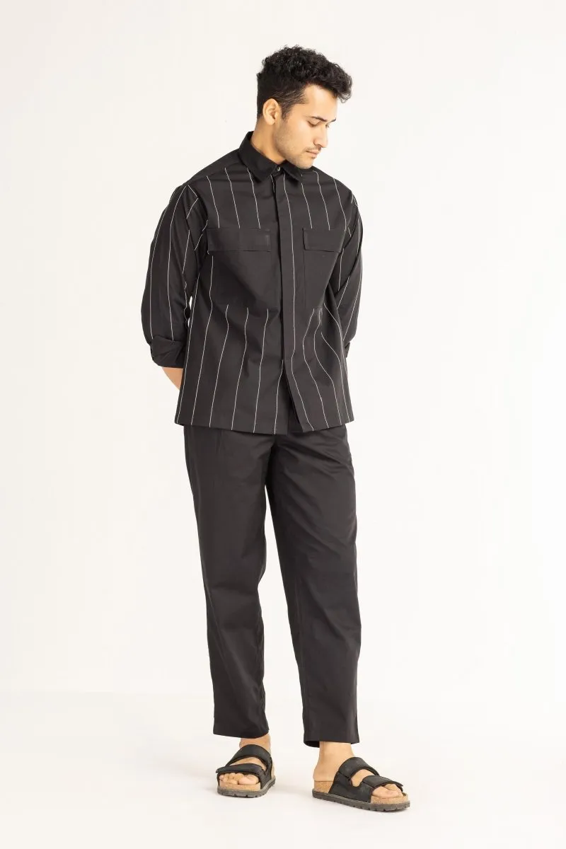 Linear Embroidered Shirt Co-ord- Black