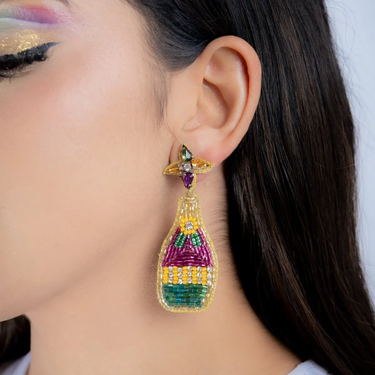 Mardi Gras Champagne Bottle Beaded Earrings with Rhinestones Top