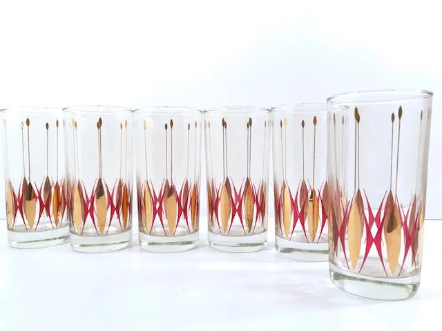 Mid-Century Cranberry and Gold Deco Glasses (Set of 6)