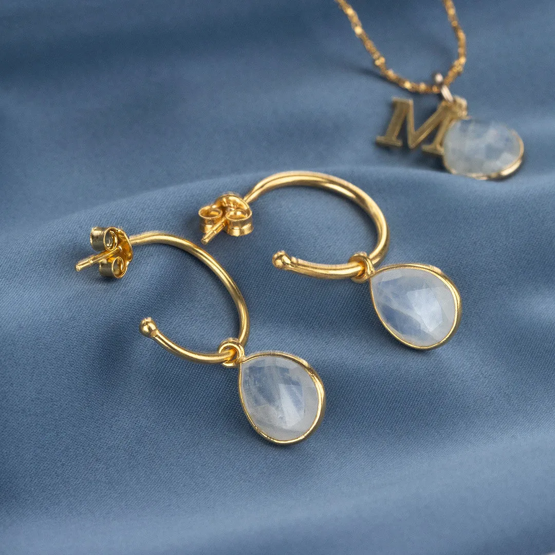 Moonstone Drop Hoop Earrings | Gold - June