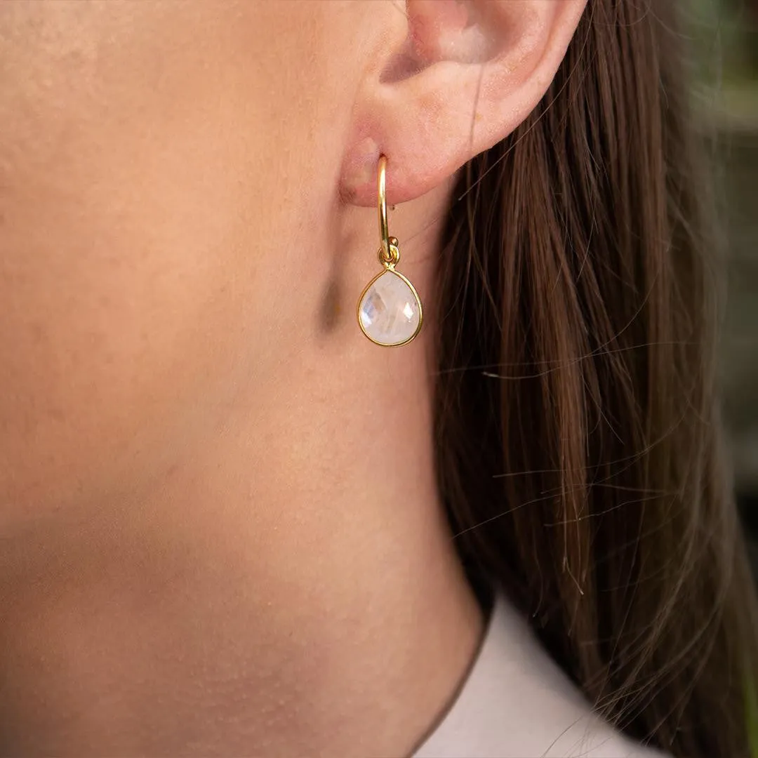 Moonstone Drop Hoop Earrings | Gold - June