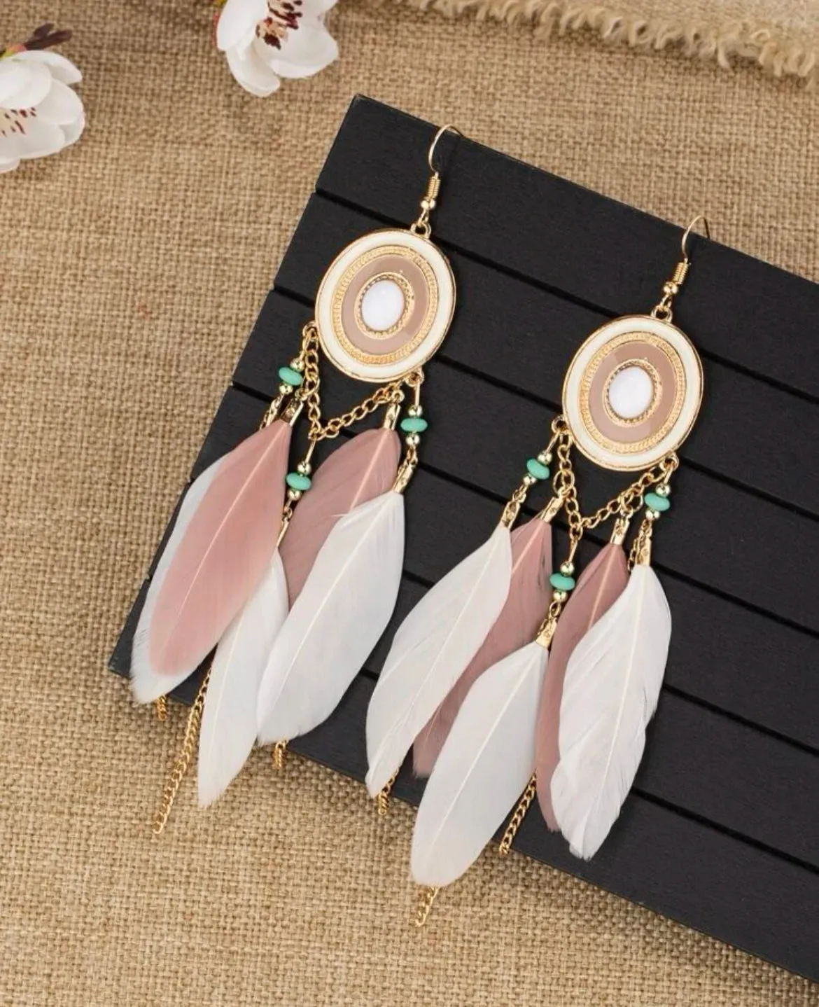 Oval Pink and White Feather Tassel Earrings