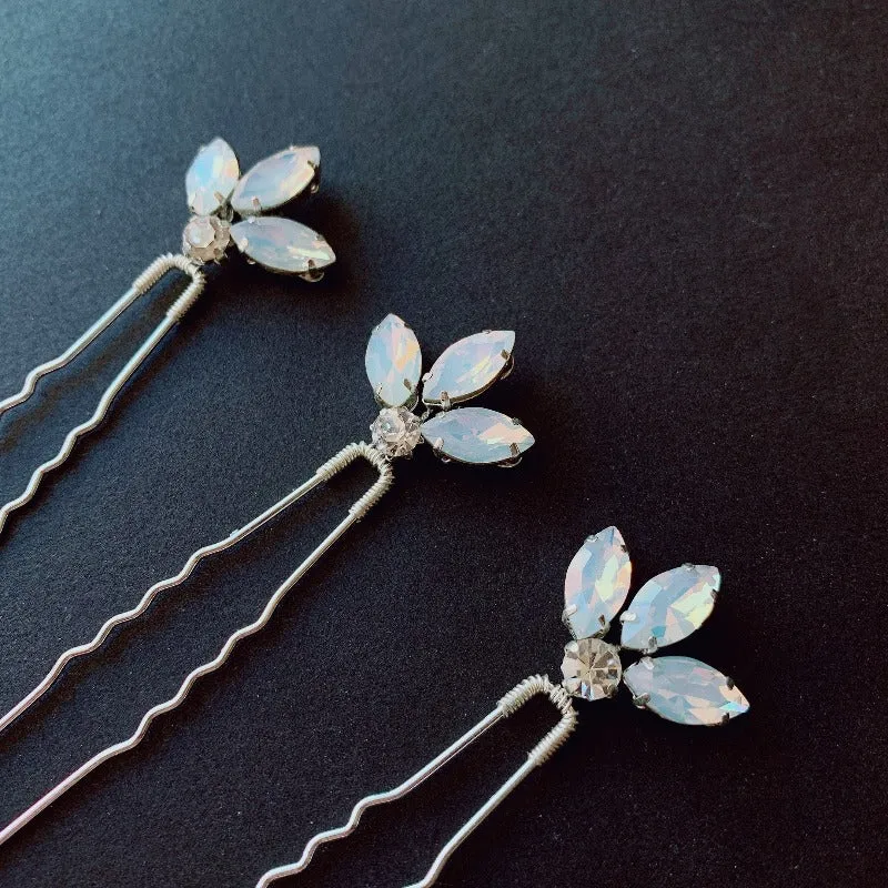 P152.  Crystal / Opal Crystal hair pins, set of 3, available in gold & silver