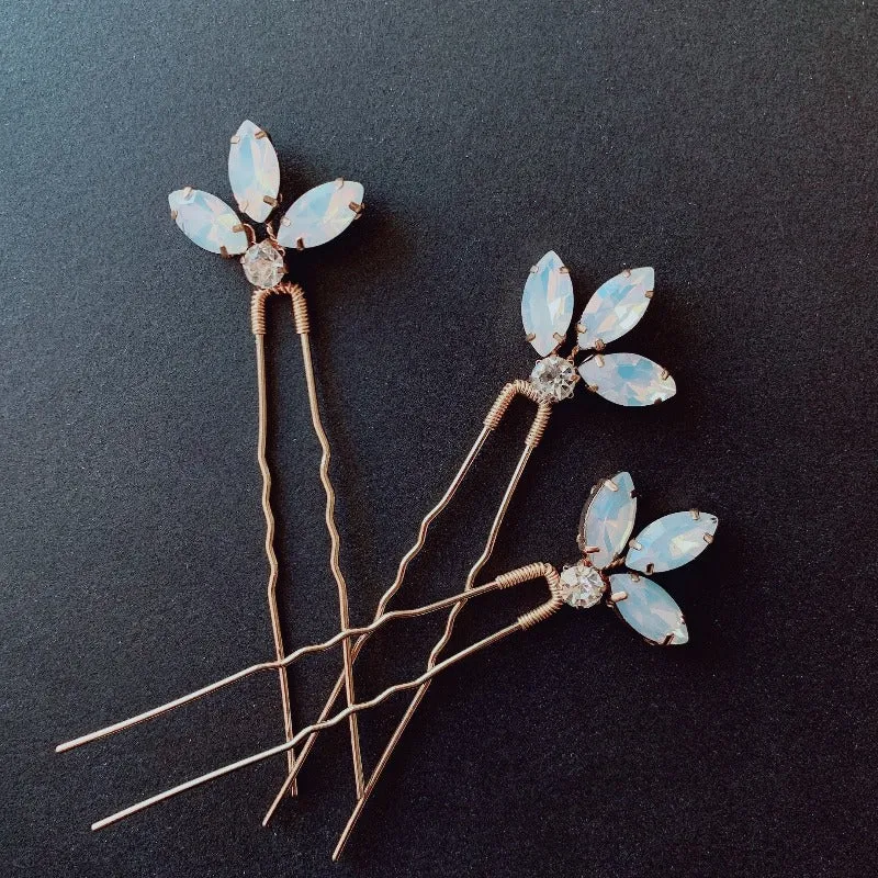 P152.  Crystal / Opal Crystal hair pins, set of 3, available in gold & silver