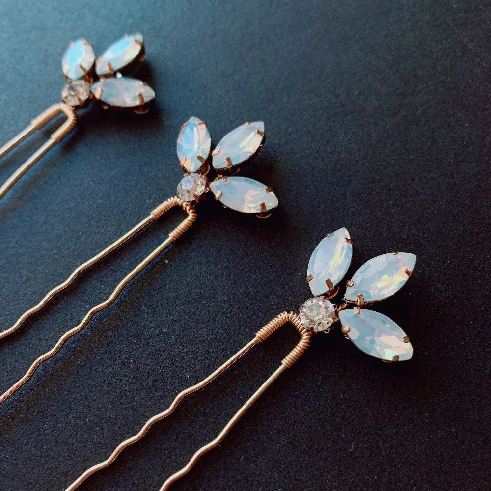 P152.  Crystal / Opal Crystal hair pins, set of 3, available in gold & silver