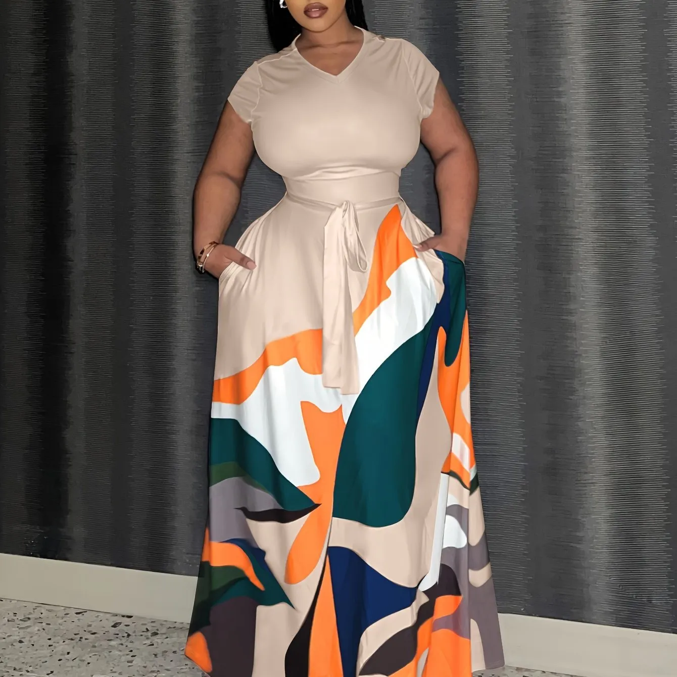 Plus Size Geometric Color Block Print Dress