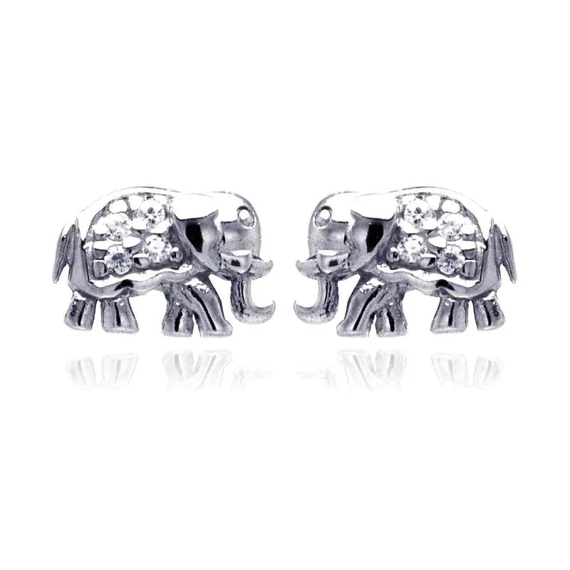 Silver 925 Rhodium Plated Elephant Cluster CZ Stud Earrings