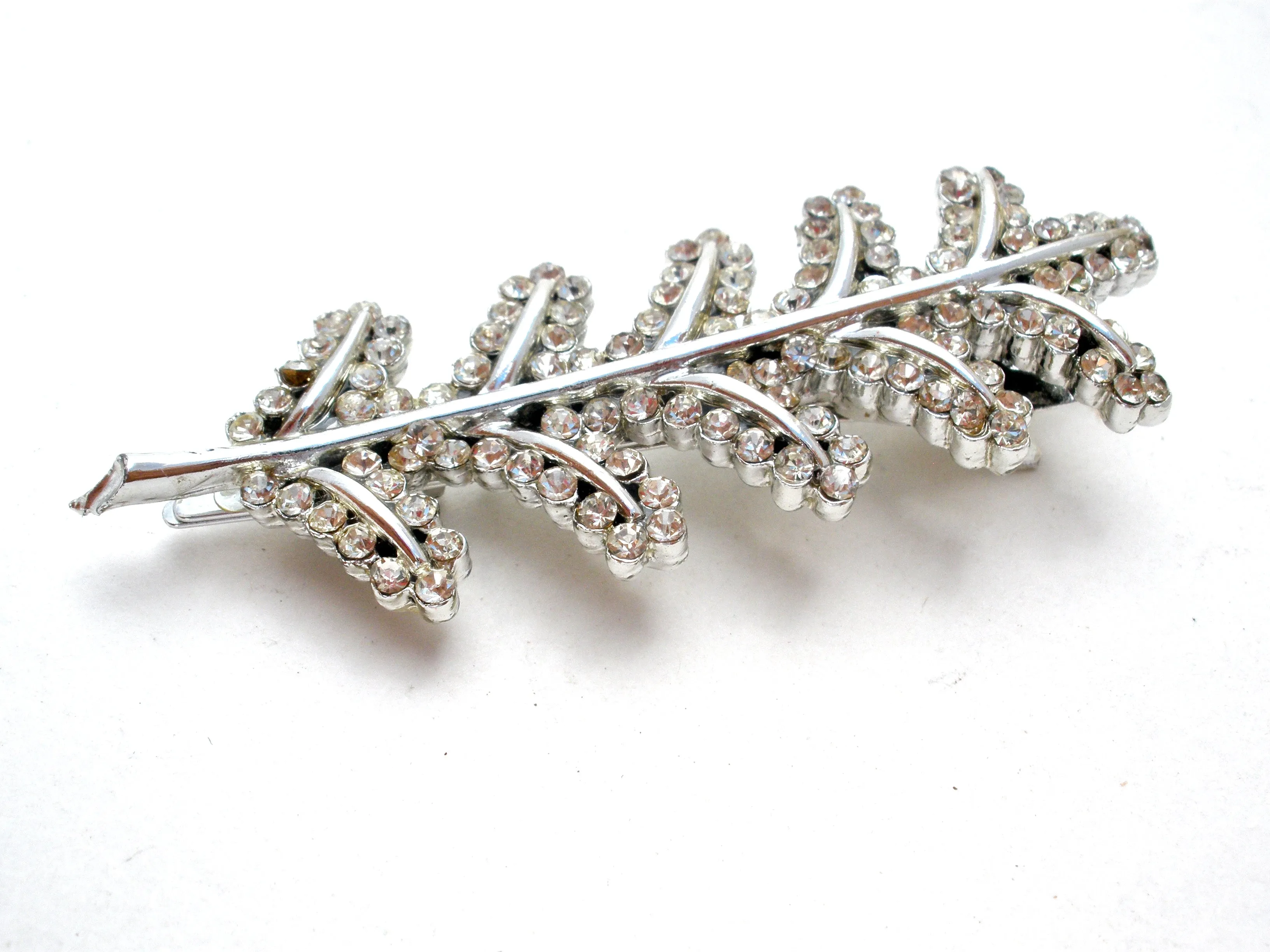 Silver Leaf Hair Clip Pin with Clear Rhinestones