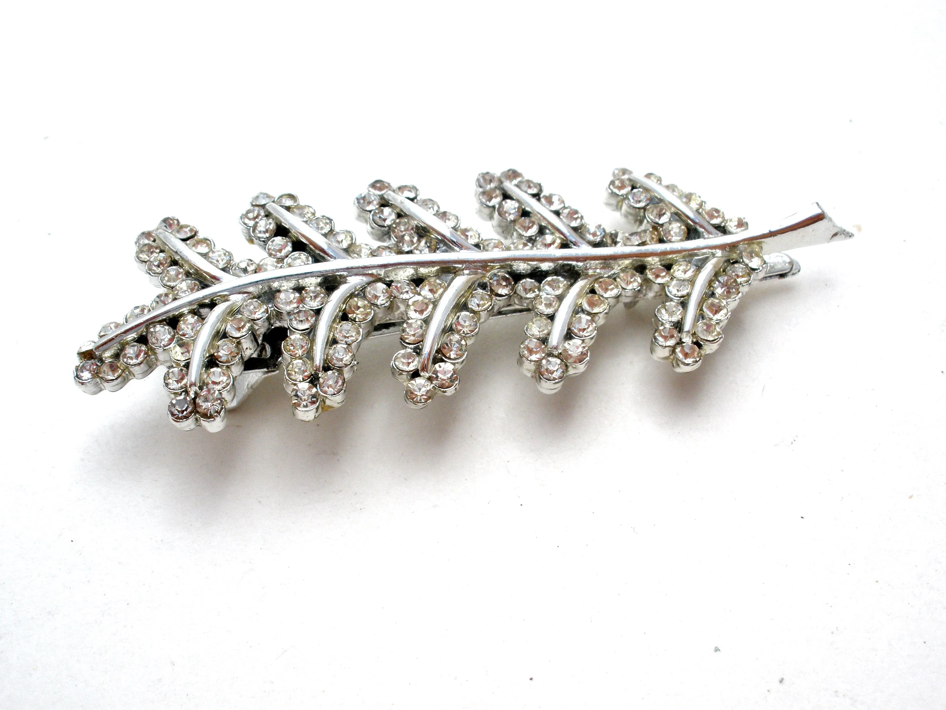 Silver Leaf Hair Clip Pin with Clear Rhinestones