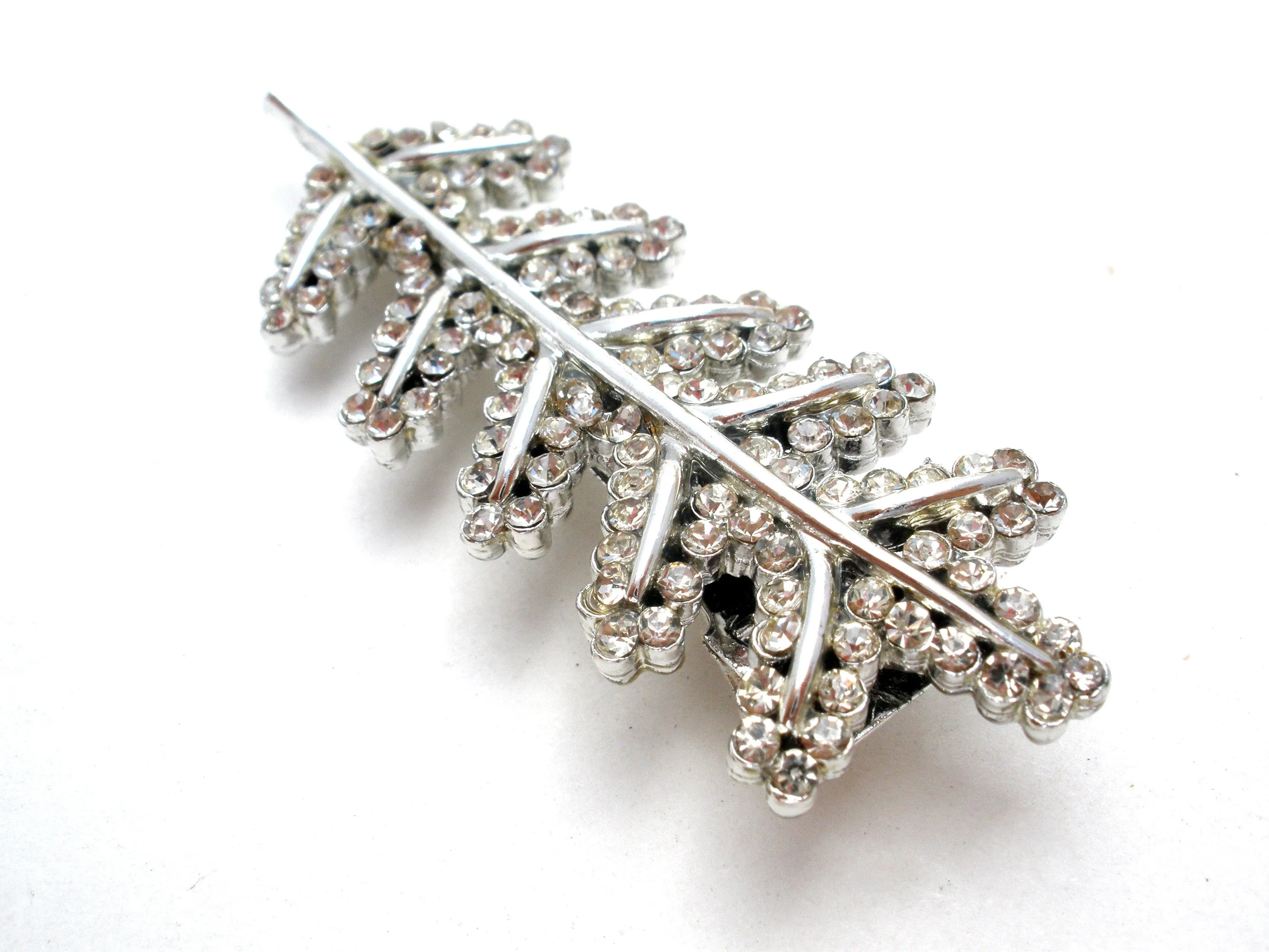 Silver Leaf Hair Clip Pin with Clear Rhinestones