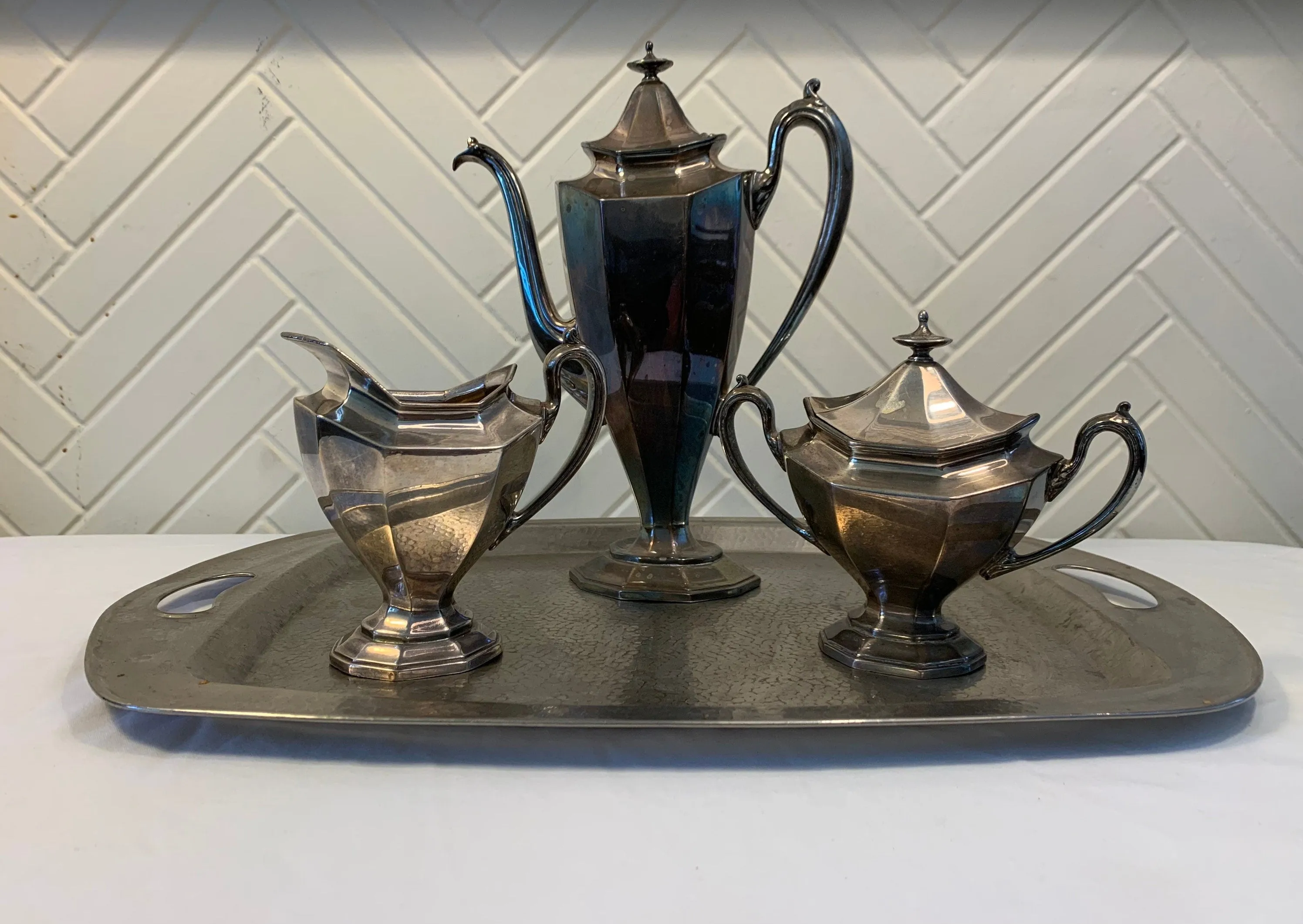 Vintage Silver-plate Art Deco Tea Service, Set of 3